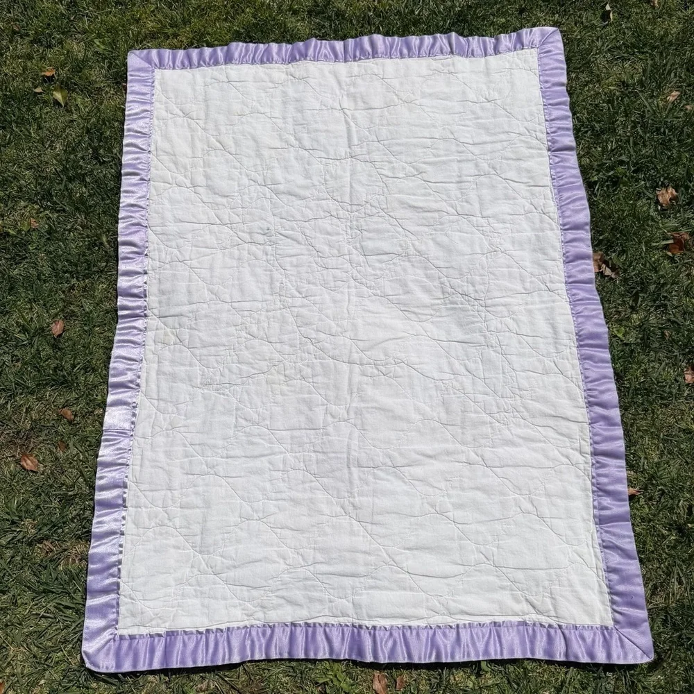 VTG Mother Goose Teddy Bear Satin Trim Quilted Crib Blanket Precious Memories?